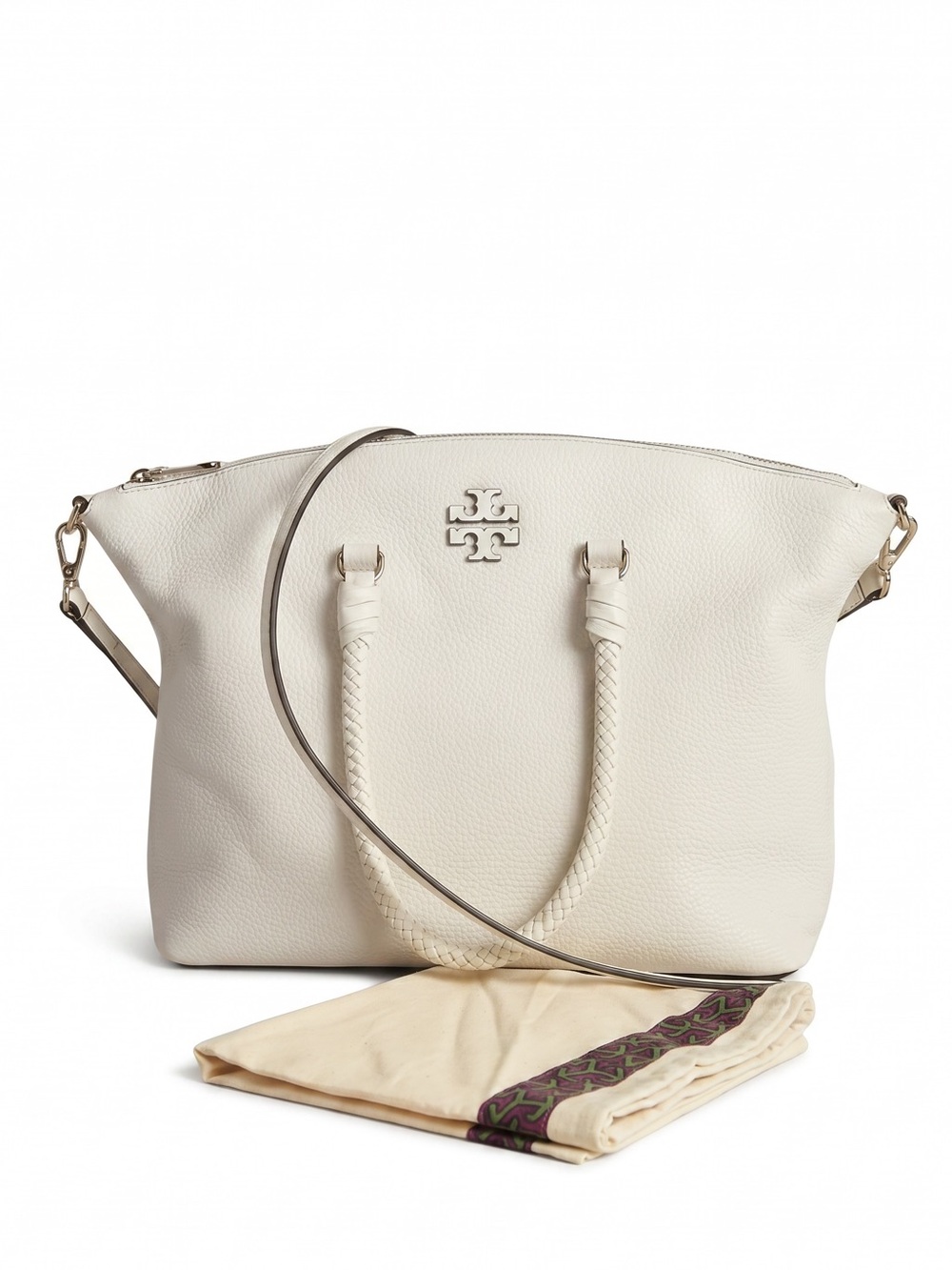 Tory Burch Pebbled Leather Ivory Satchel Tote Crossbody Bag w Dust Bag